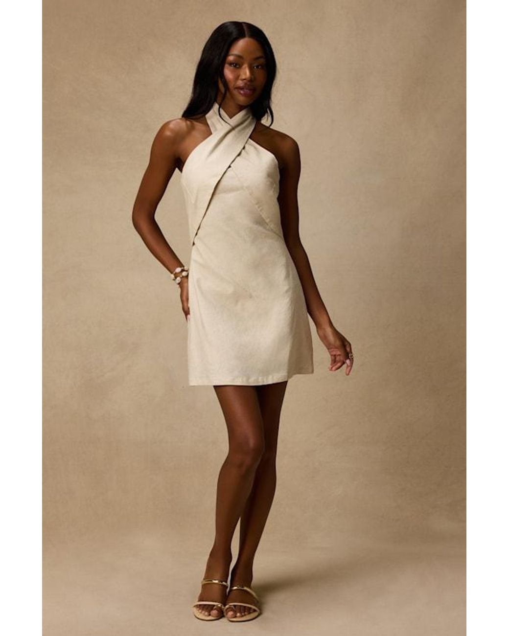 Lulus Natural Alette Light Cross-Front Halter Mini Dress