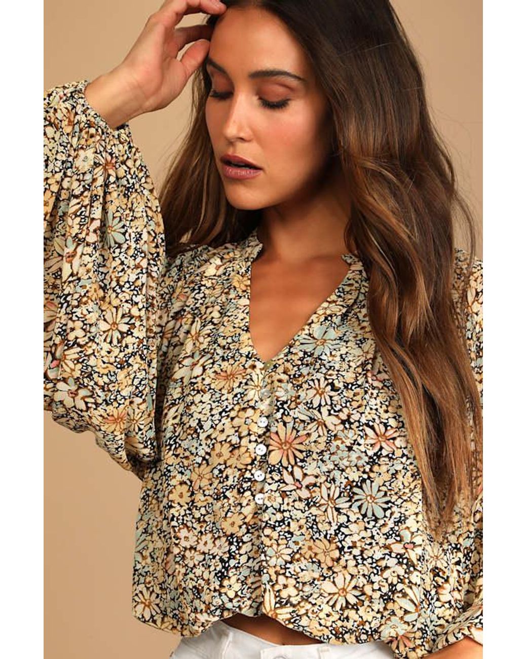 Lulus Natural Season Of Blooms Floral Print Balloon Sleeve Top