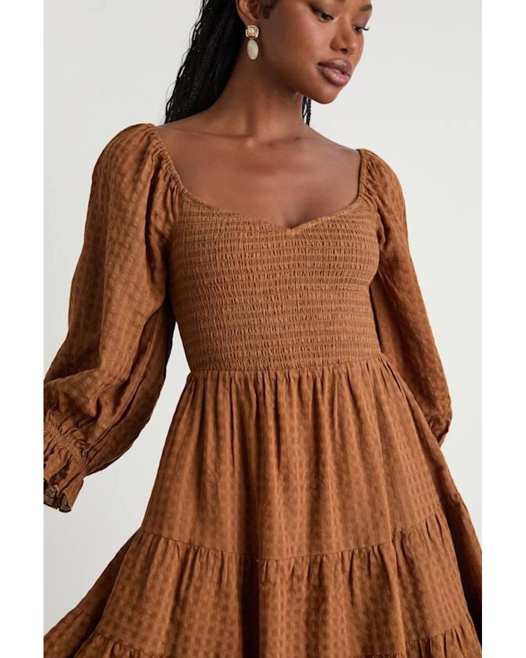 Lulus Brown Charming Afternoon Gingham Balloon Sleeve Mini Dress