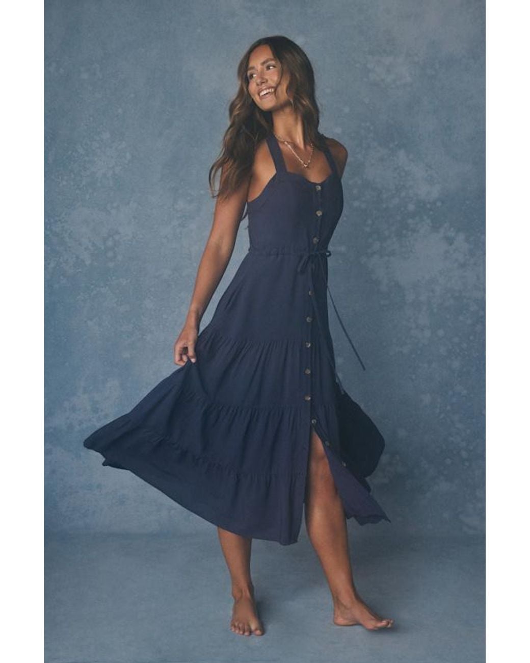 Lulus Blue See The City Button-Front Tiered Midi Dress