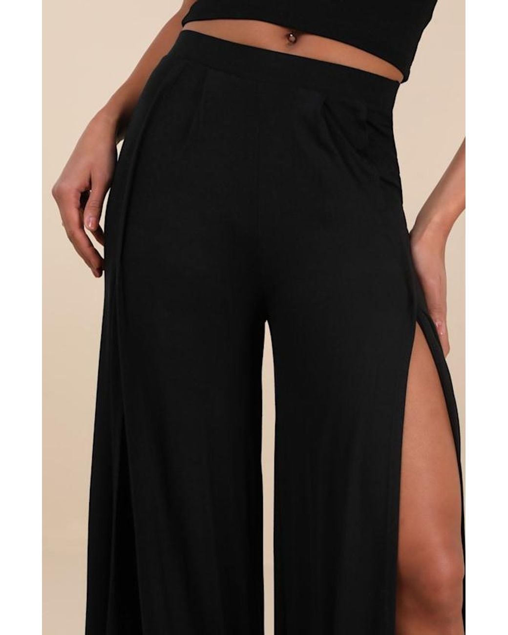 Lulus Black Knockout Knit Wide-Leg Slit-Front Pants