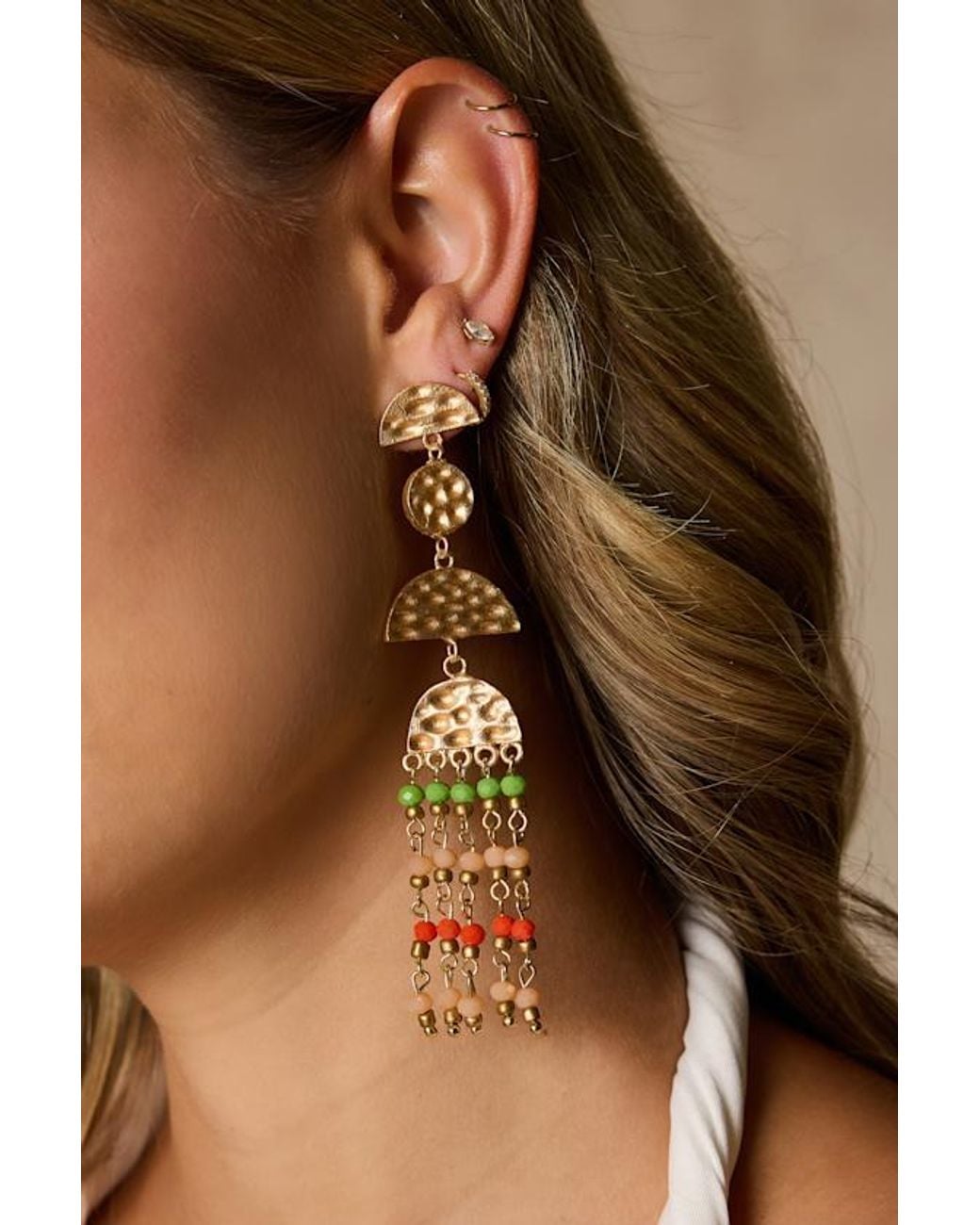 Lulus Natural Marisela Hammered Beaded Statement Earrings