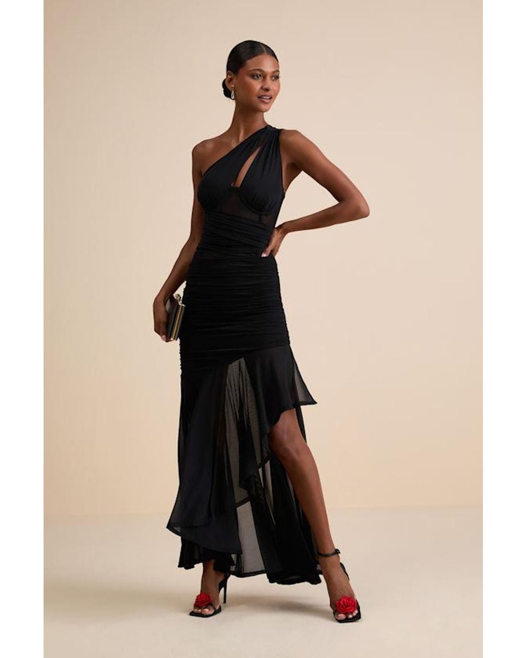 Lulus Black Marcellina Mesh Ruched One-Shoulder Maxi Dress