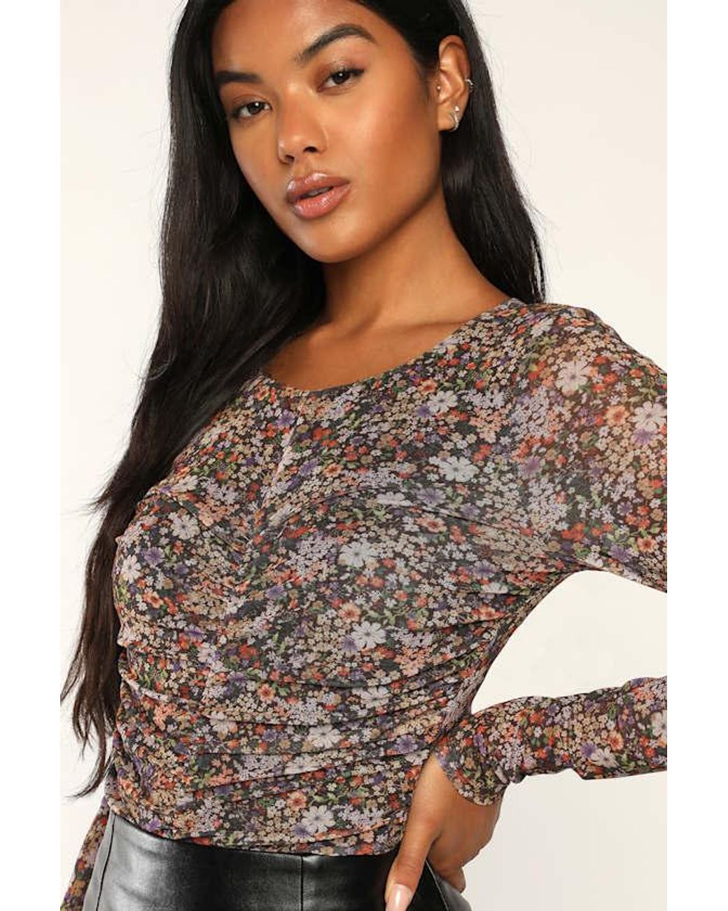Lulus Black Everyday Luck Floral Print Ruched Long Sleeve Bodysuit