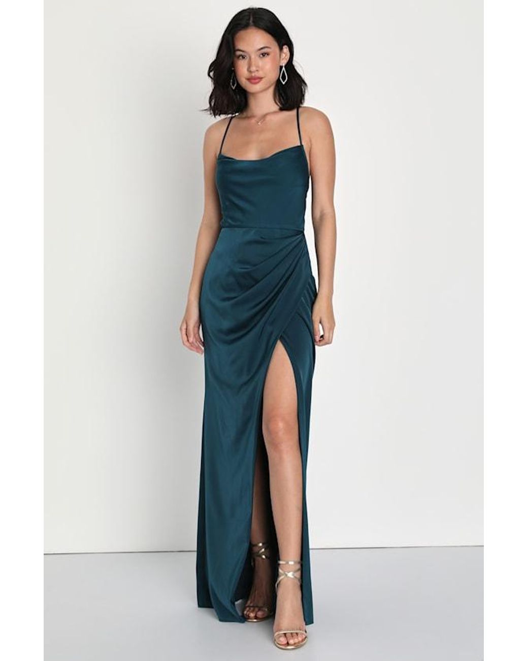 Lulus Moments Of Beauty Dark Satin Cowl Neck Tulip Maxi Dress in Blue |  Lyst UK