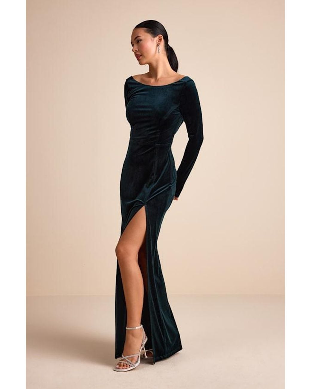 Lulus Duarte Emerald Velvet Cowl Back Long Sleeve Maxi Dress in Black | Lyst