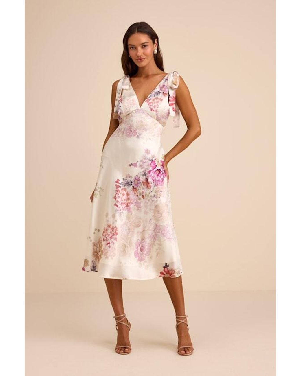 Lulus Natural Zoella Floral Satin Tie-Strap Midi Dress