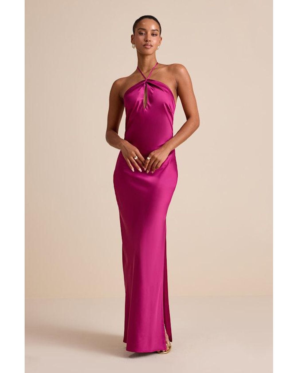 Lulus Gracie Satin Halter Neck Maxi Dress in Pink