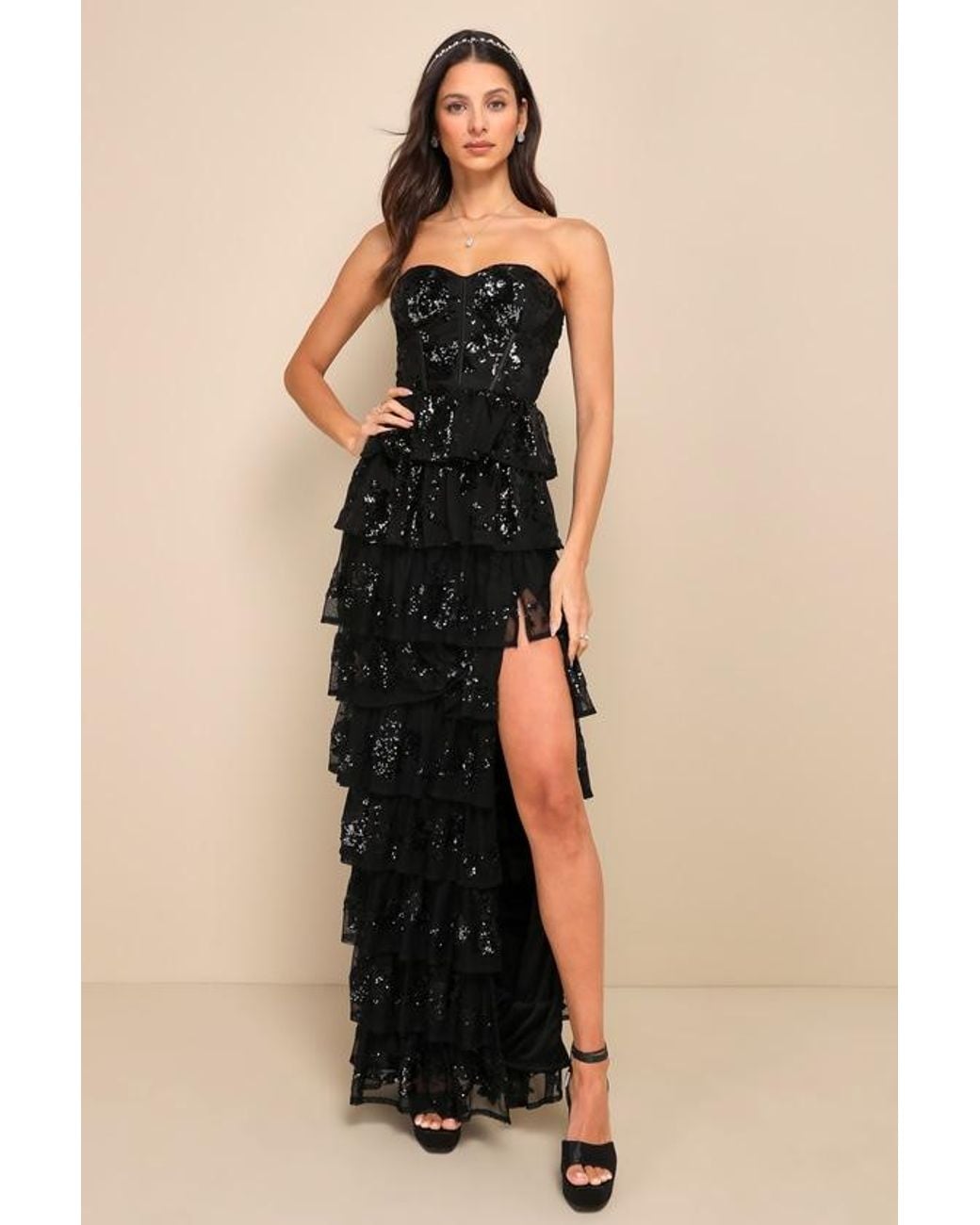 Lulus Black Definite Glamour Sequin Strapless Bustier Maxi Dress