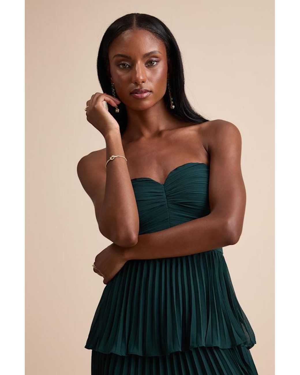 Lulus Seriously Sensational Emerald Strapless Tiered Midi Dress in Green |  Lyst