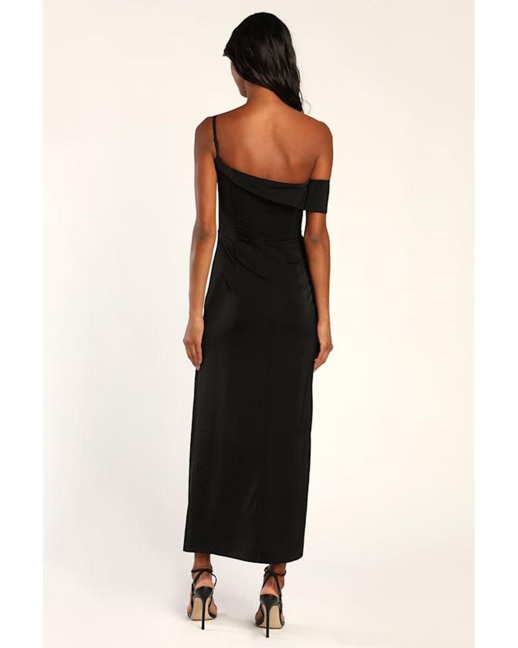 Lulus Black Showing Off A Little Asymmetrical Tulip Midi Dress