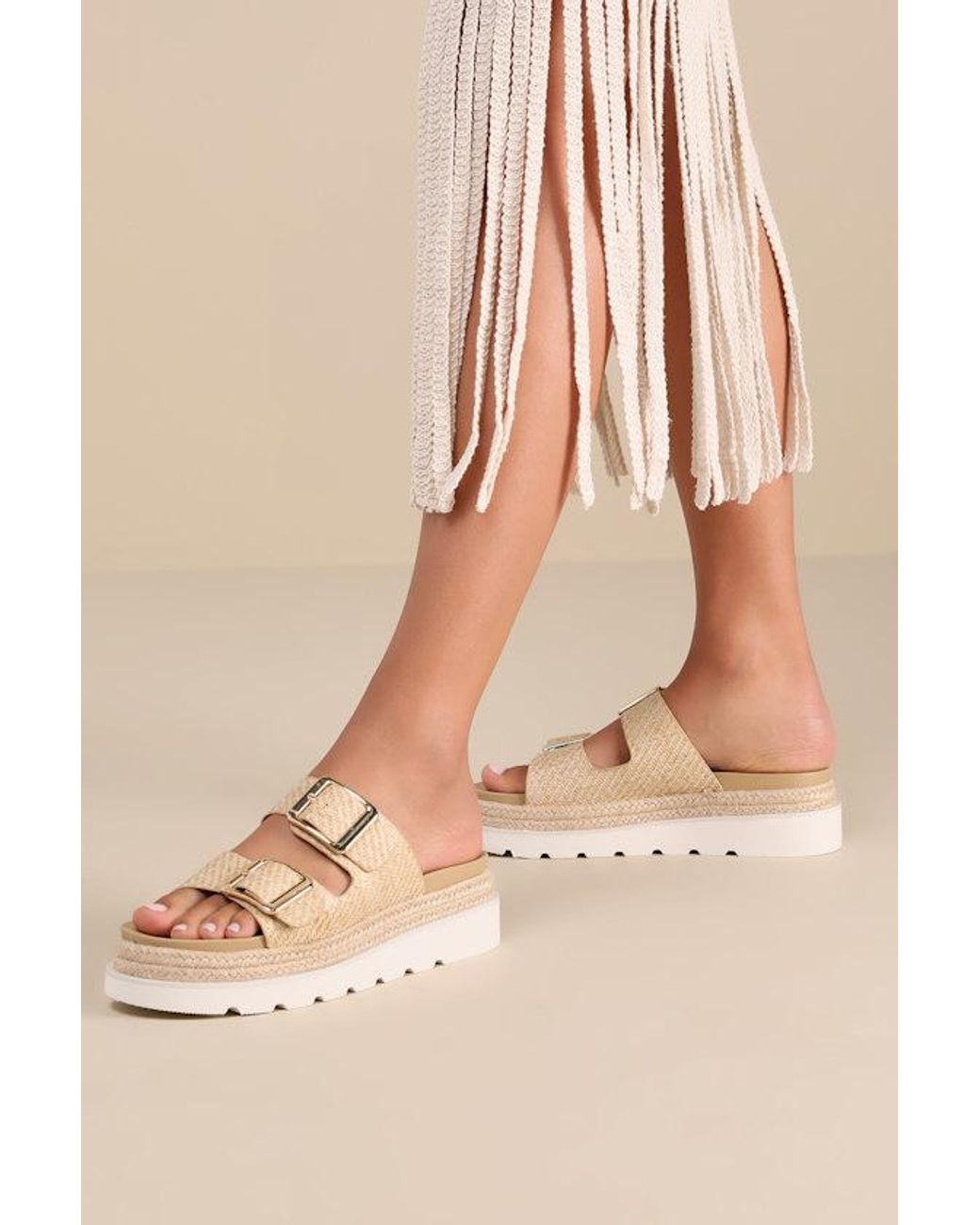 Madden Girl Mythical Natural Raffia Buckle Flatform Slide Sandals Lyst UK