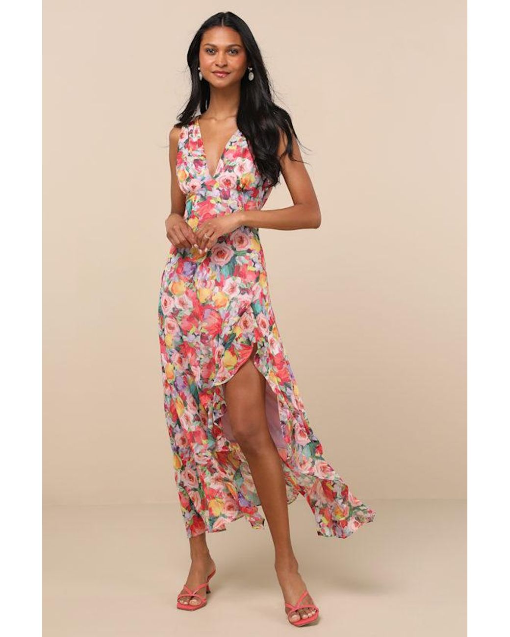 Lulus Pink Laraline Multi Floral Ruffled Cowl Back Maxi Dress