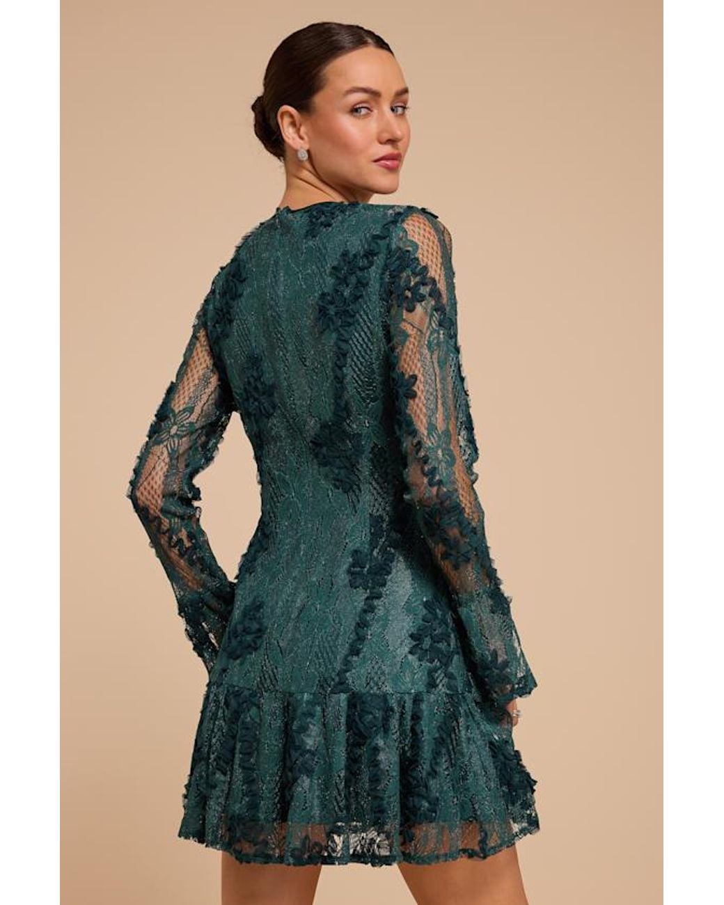 Lulus Blue Darling Era Emerald Lace Long Sleeve Ruffled Mini Dress