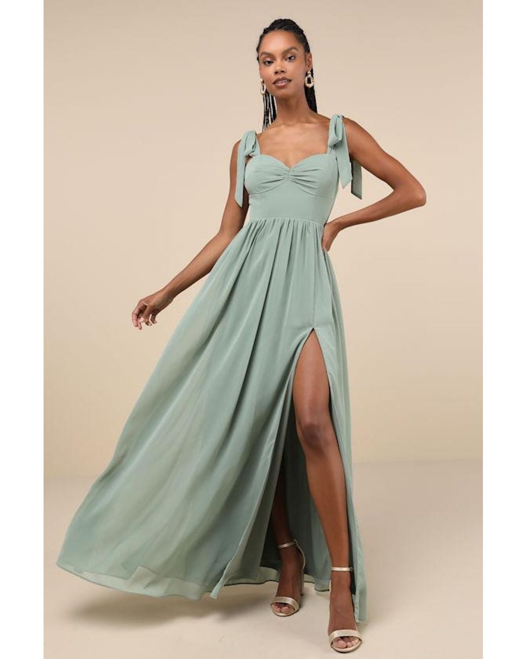 Lulus Radiant Charisma Sage Brush Chiffon Ruched Tie-Strap Maxi Dress in  Green