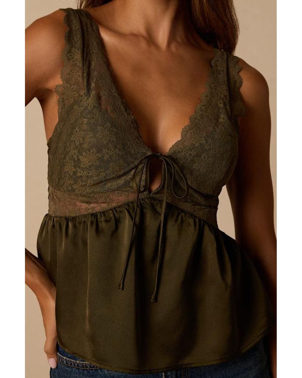 Lulus Brown Ynez Satin Lace Babydoll Tank Top