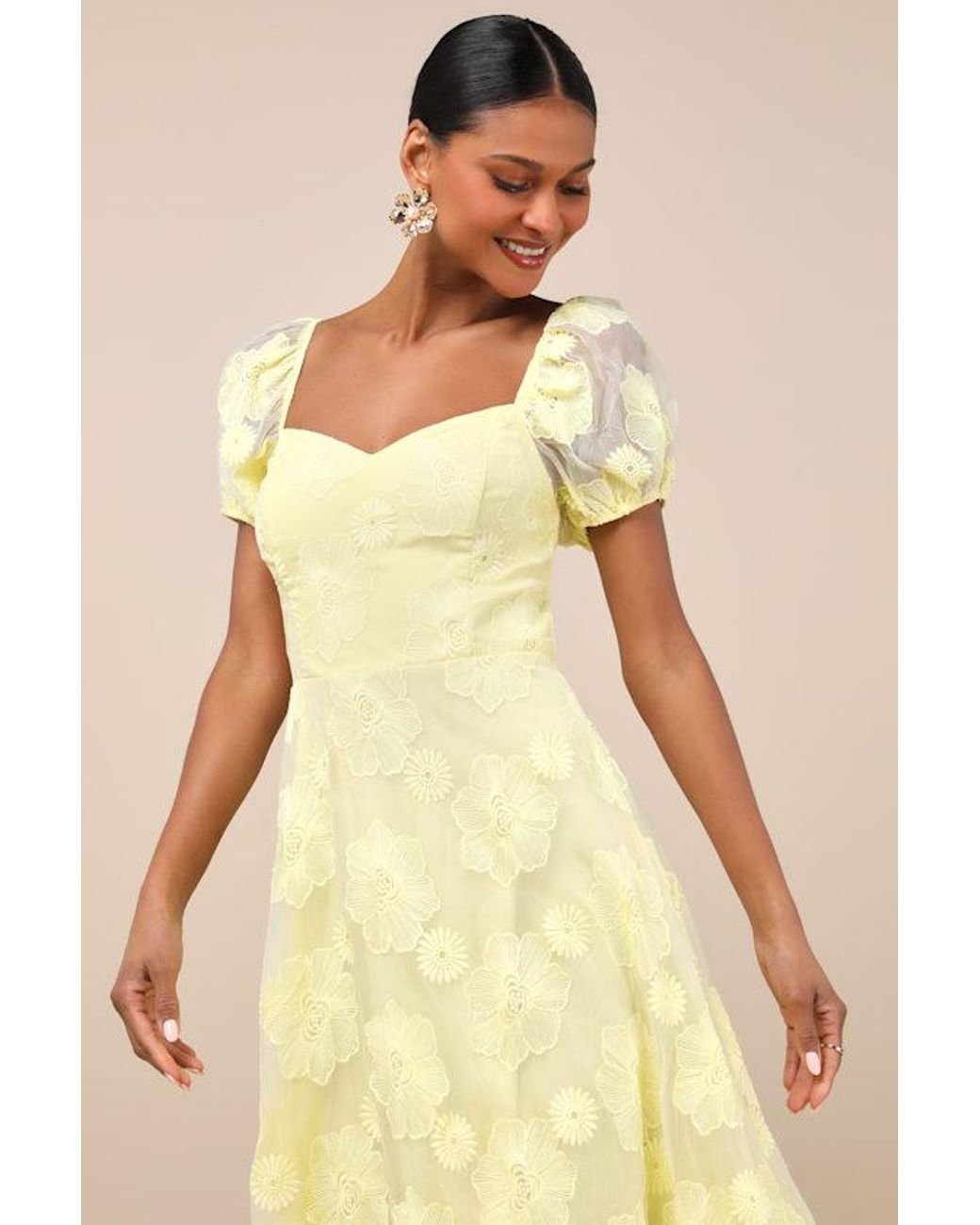 Lulus Sweetest Behavior Embroidered Puff Sleeve Midi Dress in Yellow | Lyst