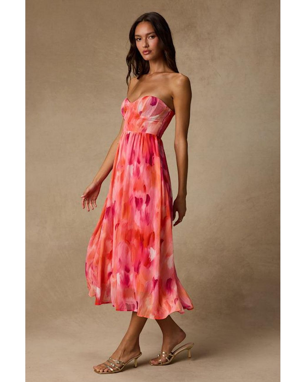 Lulus Pink Aysel Abstract Strapless Bustier Midi Dress