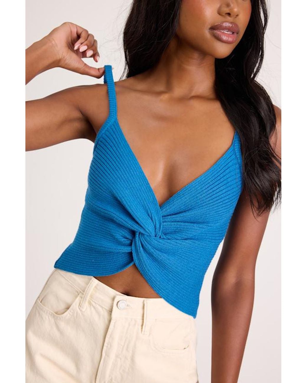 Lulus Blue Melika Bright Ribbed Knotted Crop Tank Top