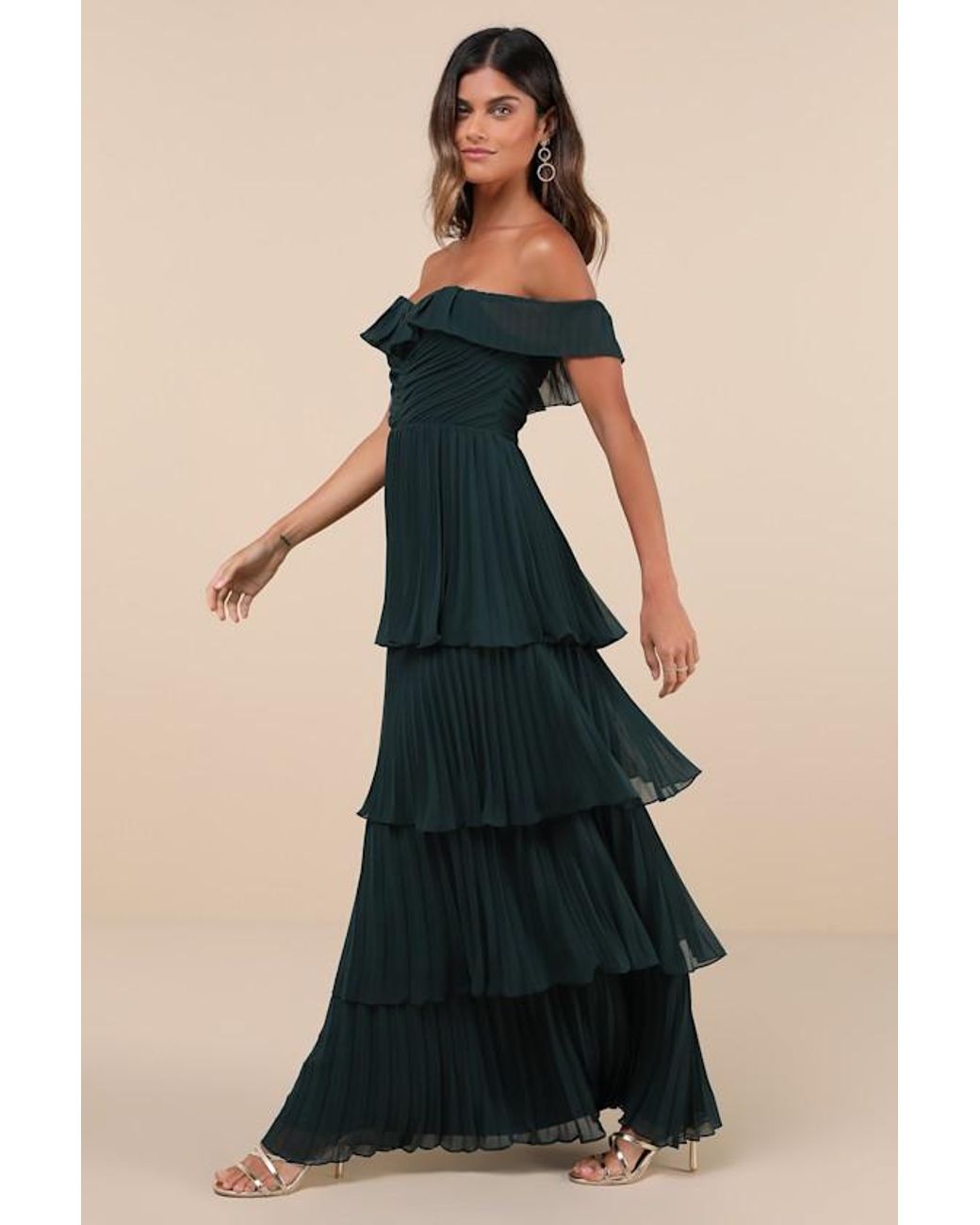 Lulus Blue Always Remarkable Sage Brush Pleated Off-The-Shoulder Maxi Dress