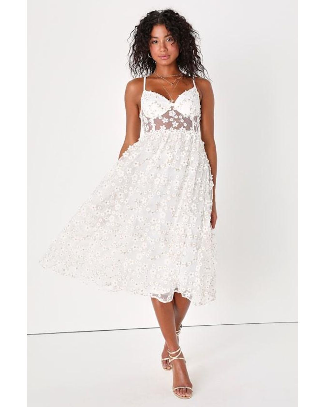 Lulus White Darling Romance Tulle Floral Applique Bustier Midi Dress