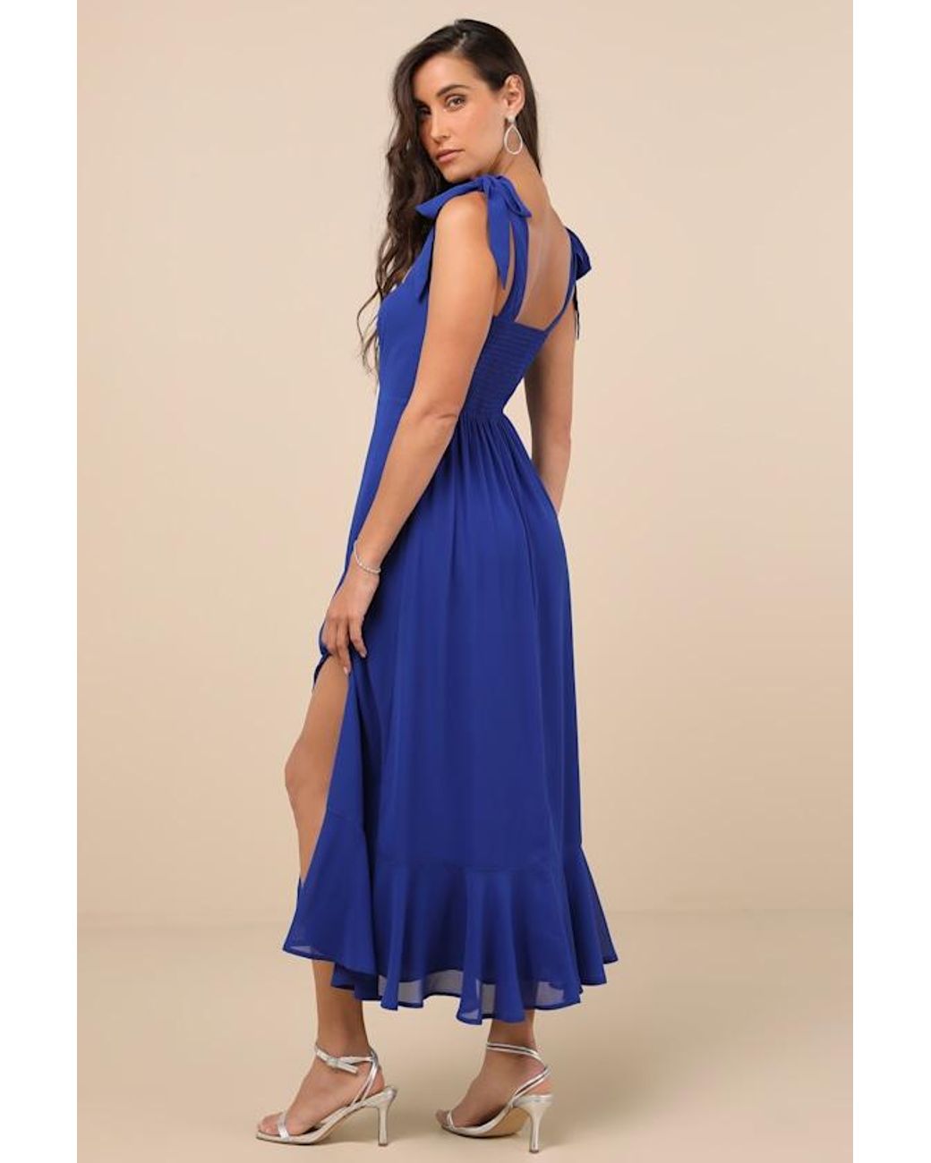 Lulus Summer Invite Tie-Strap Tiered Midi Dress in Blue