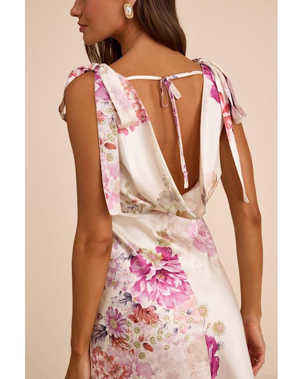Lulus Natural Zoella Floral Satin Tie-Strap Midi Dress