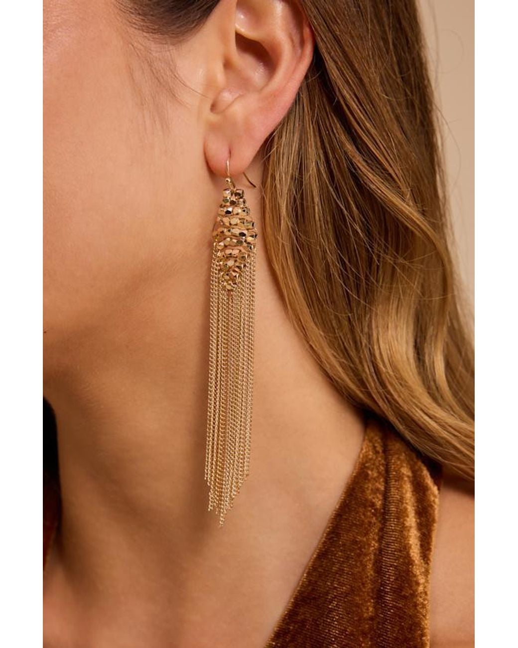 Lulus Brown Flashing Lights Fringe Earrings