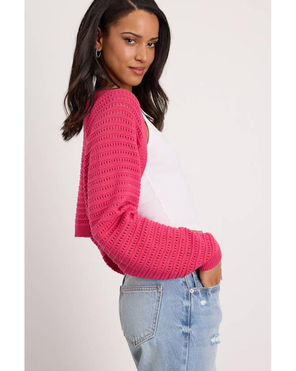 Lulus Red Perfectly Comforting Pointelle Open-Front Shrug Sweater