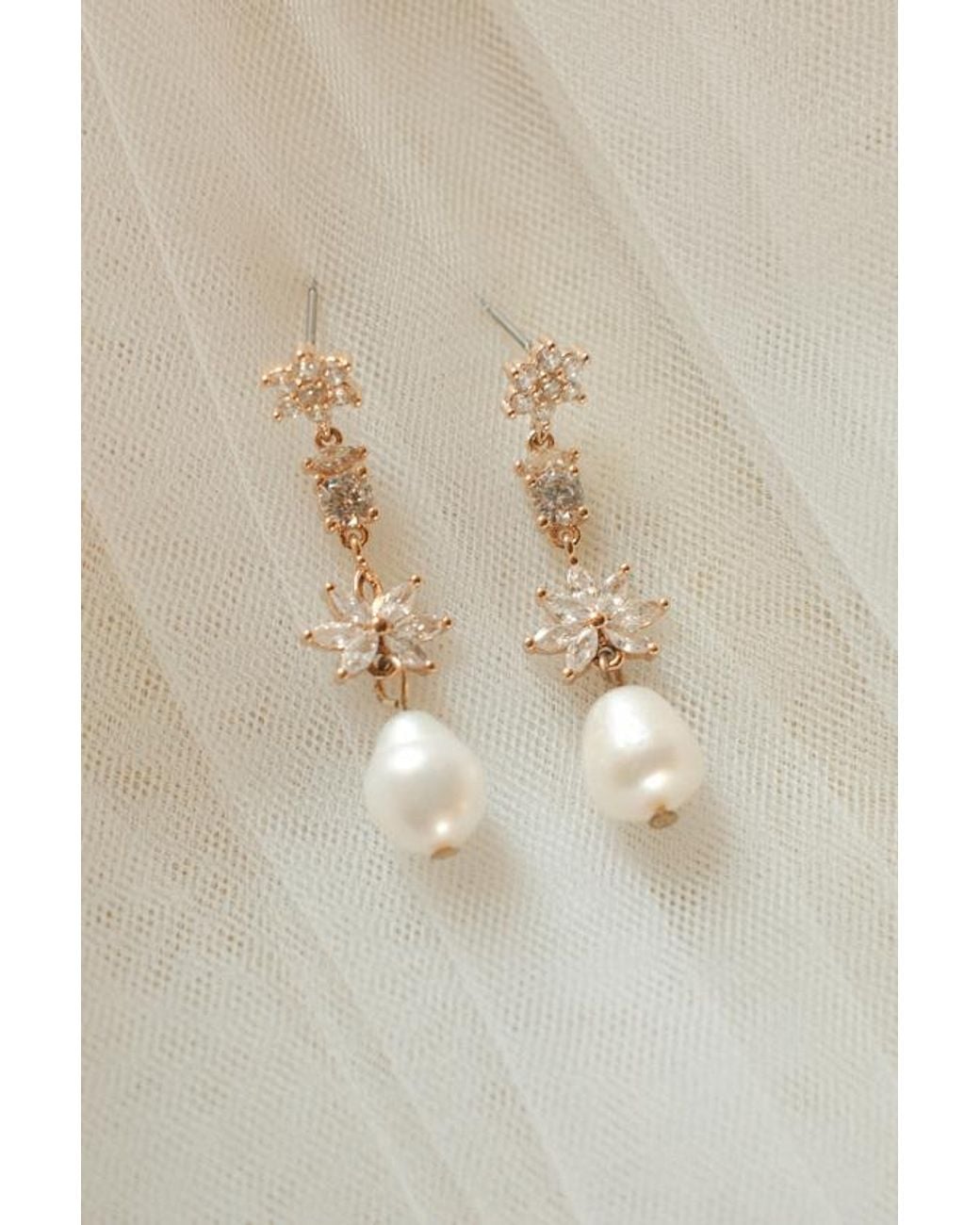 Lulus Natural Freya Rhinestone Pearl Earrings
