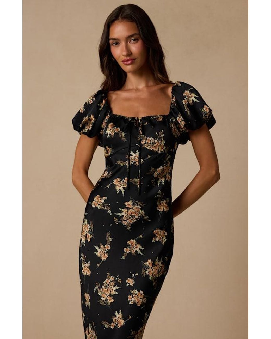 Lulus Black Remarkably Flourishing Floral Puff Sleeve Midi Dress