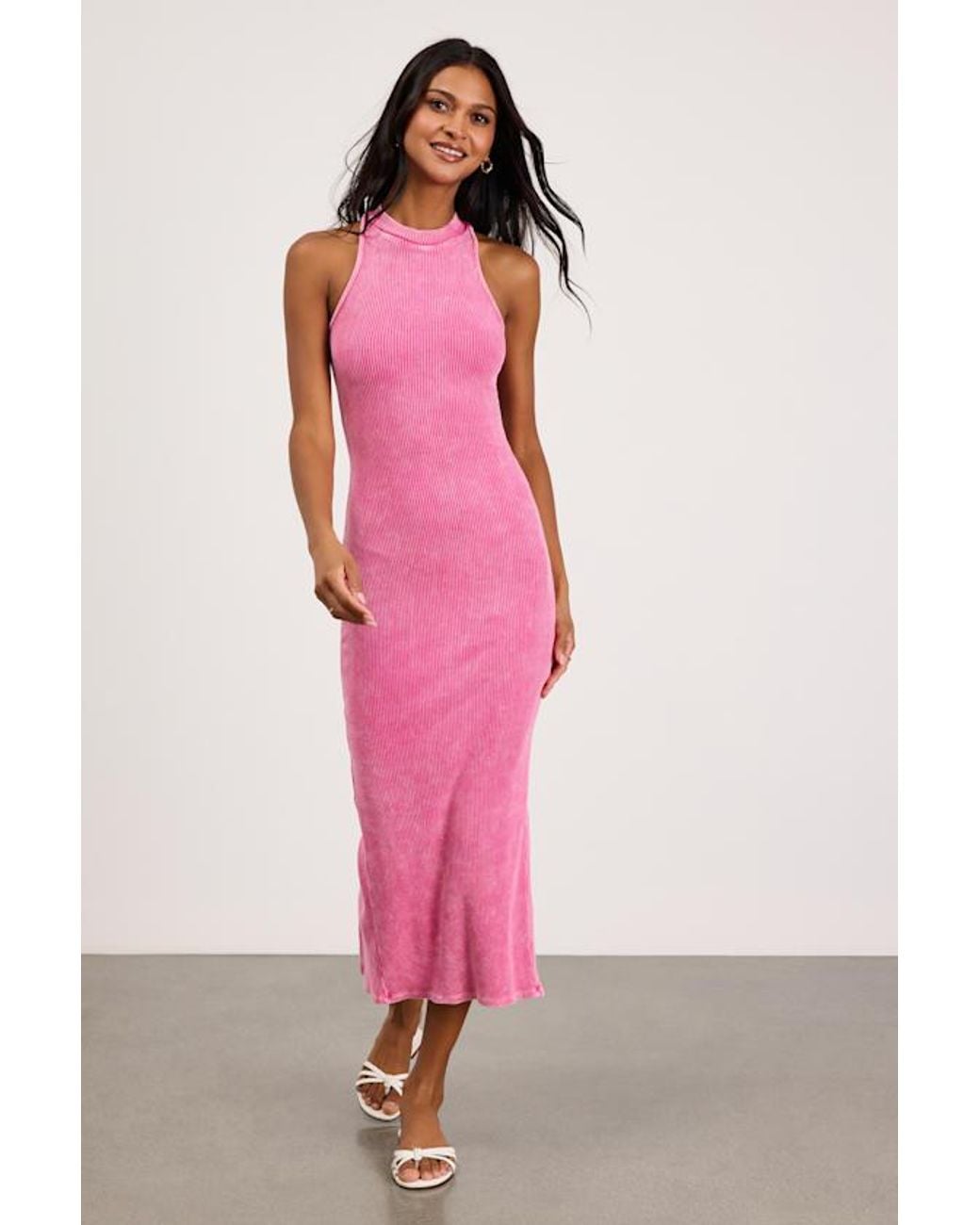 Lulus Pink Essentially Sweet Washed Ribbed Sleeveless Midi Dress