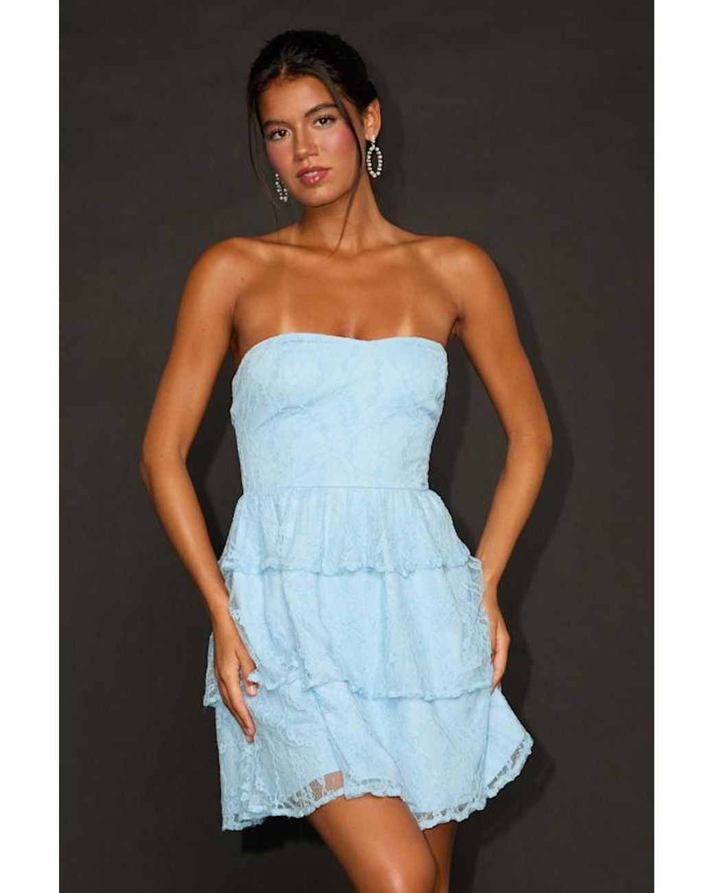 Lulus Black Sweet Perception Lace Strapless Tiered Mini Dress