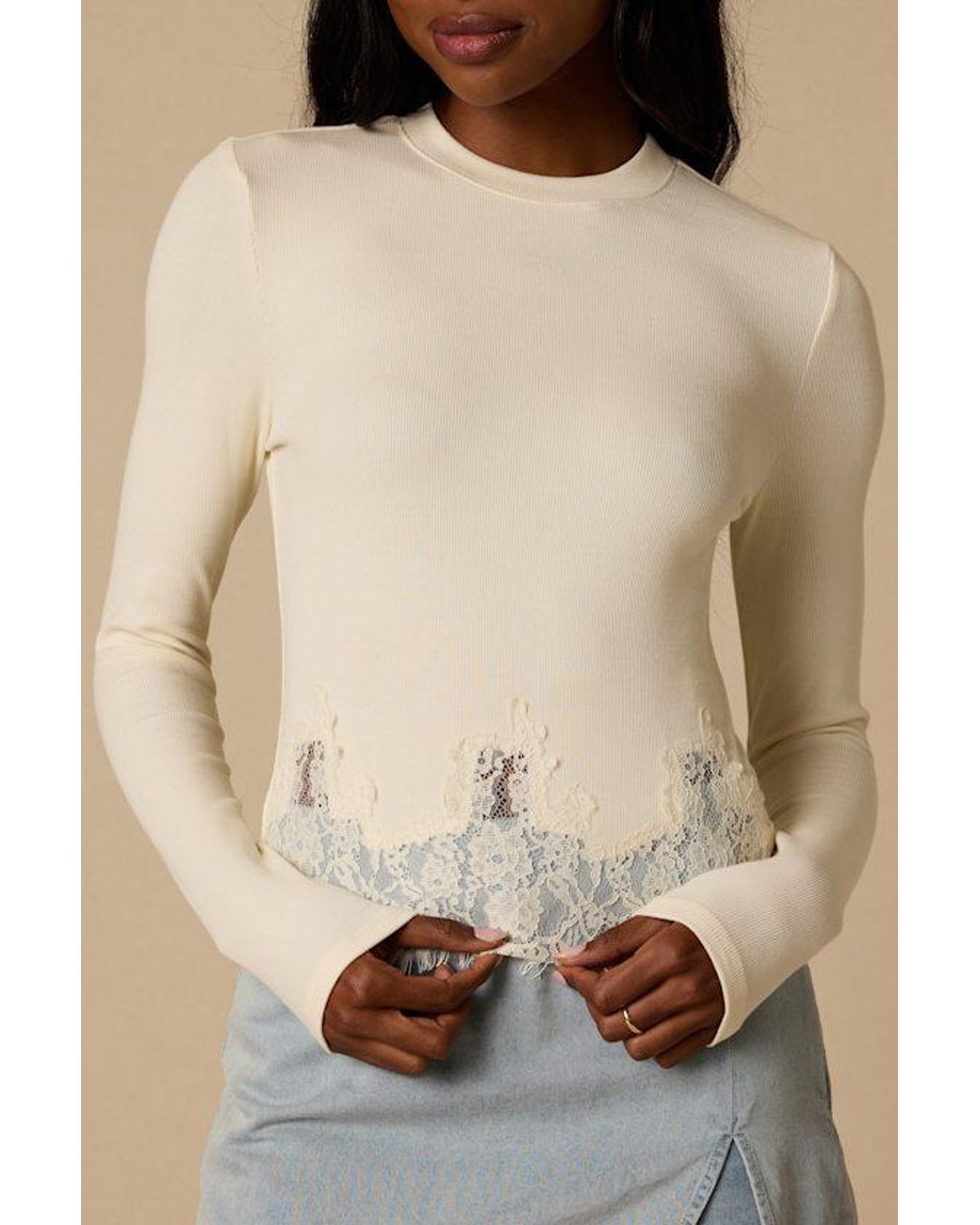 Lulus Natural Clarise Ribbed Knit Lace Long Sleeve Top