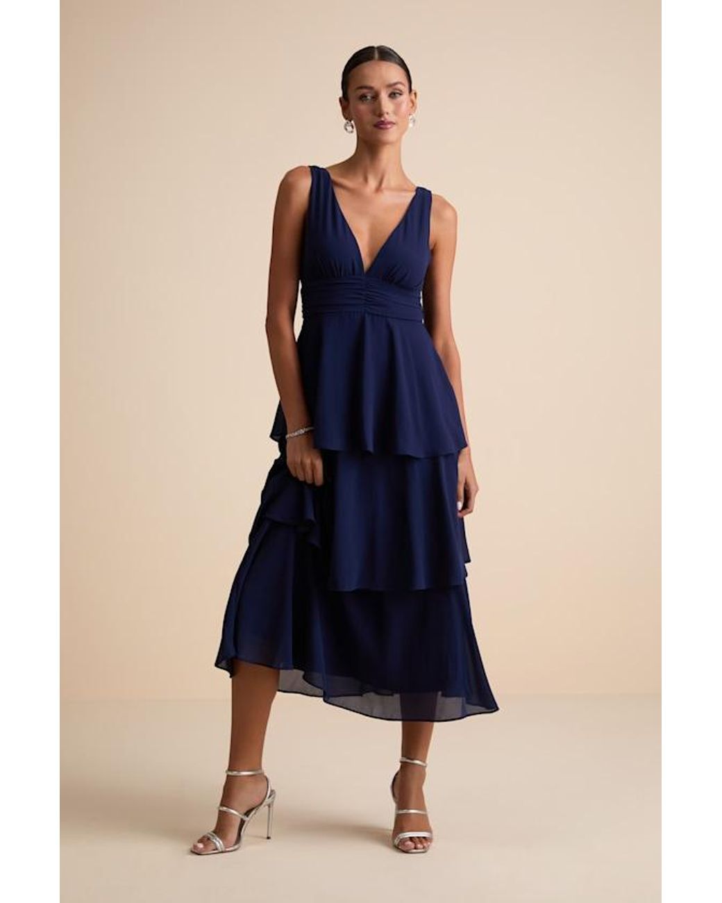 Lulus Blue Celebration Time Sleeveless Tiered Midi Dress