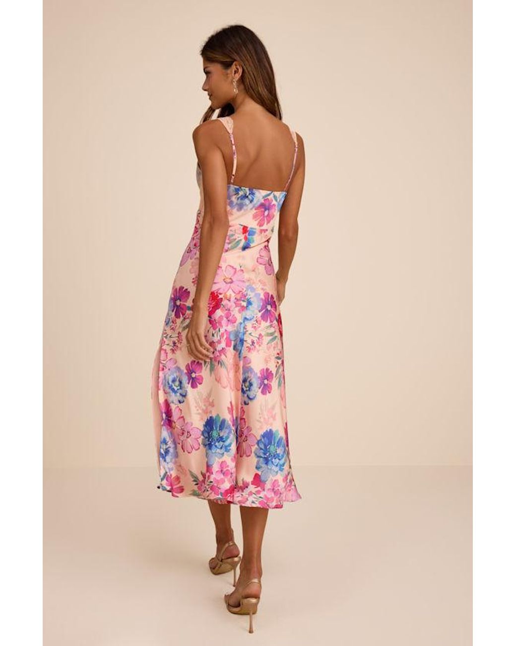 Lulus Pink Jaylene Blush Multi Floral Lace Tie-Front Midi Dress