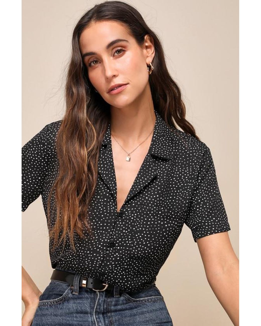 Lulus Black Good Luck Charm Polka Dot Short Sleeve Button-Up Top