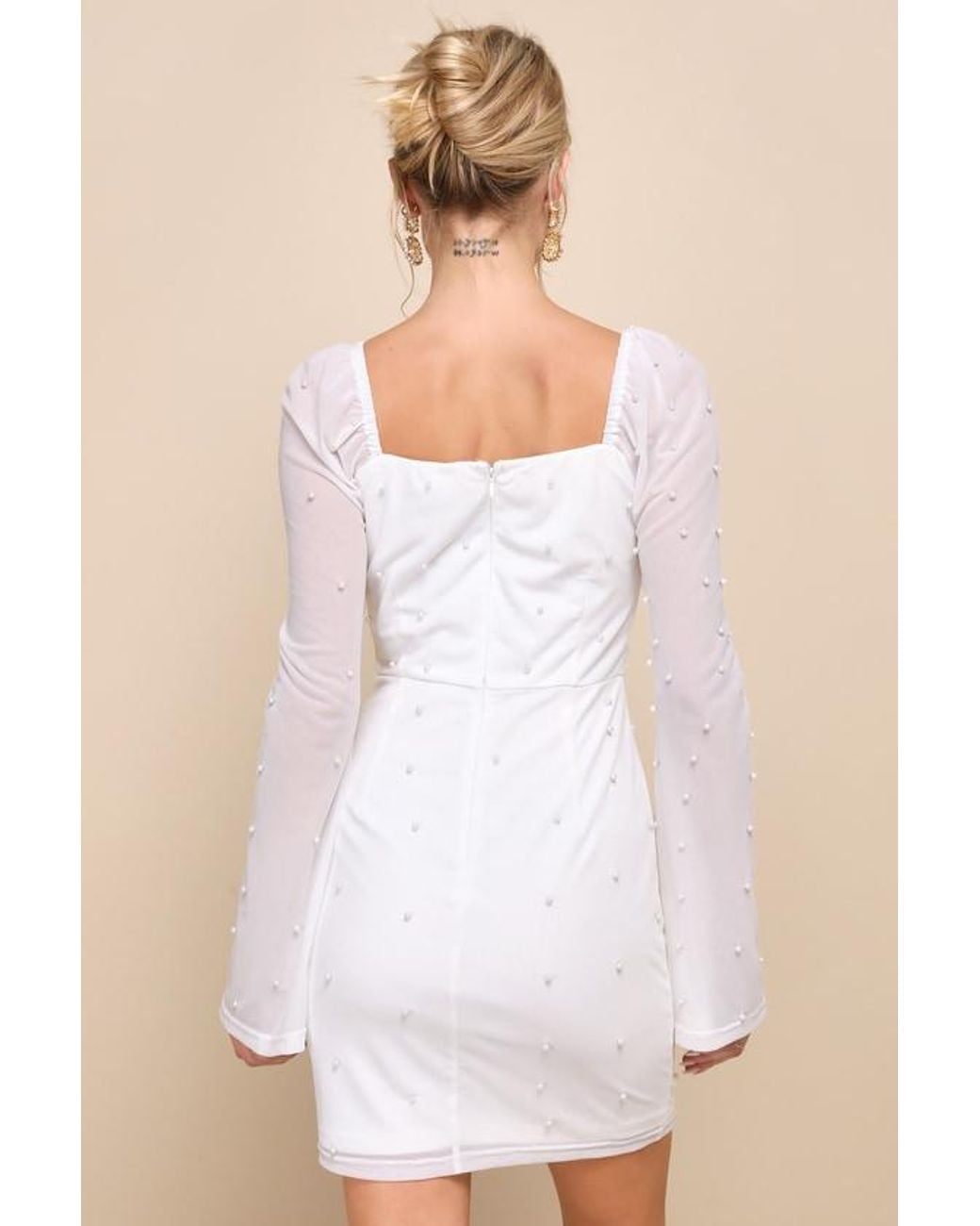 Lulus White Flirty Luxury Mesh Pearl Long Sleeve Mini Dress