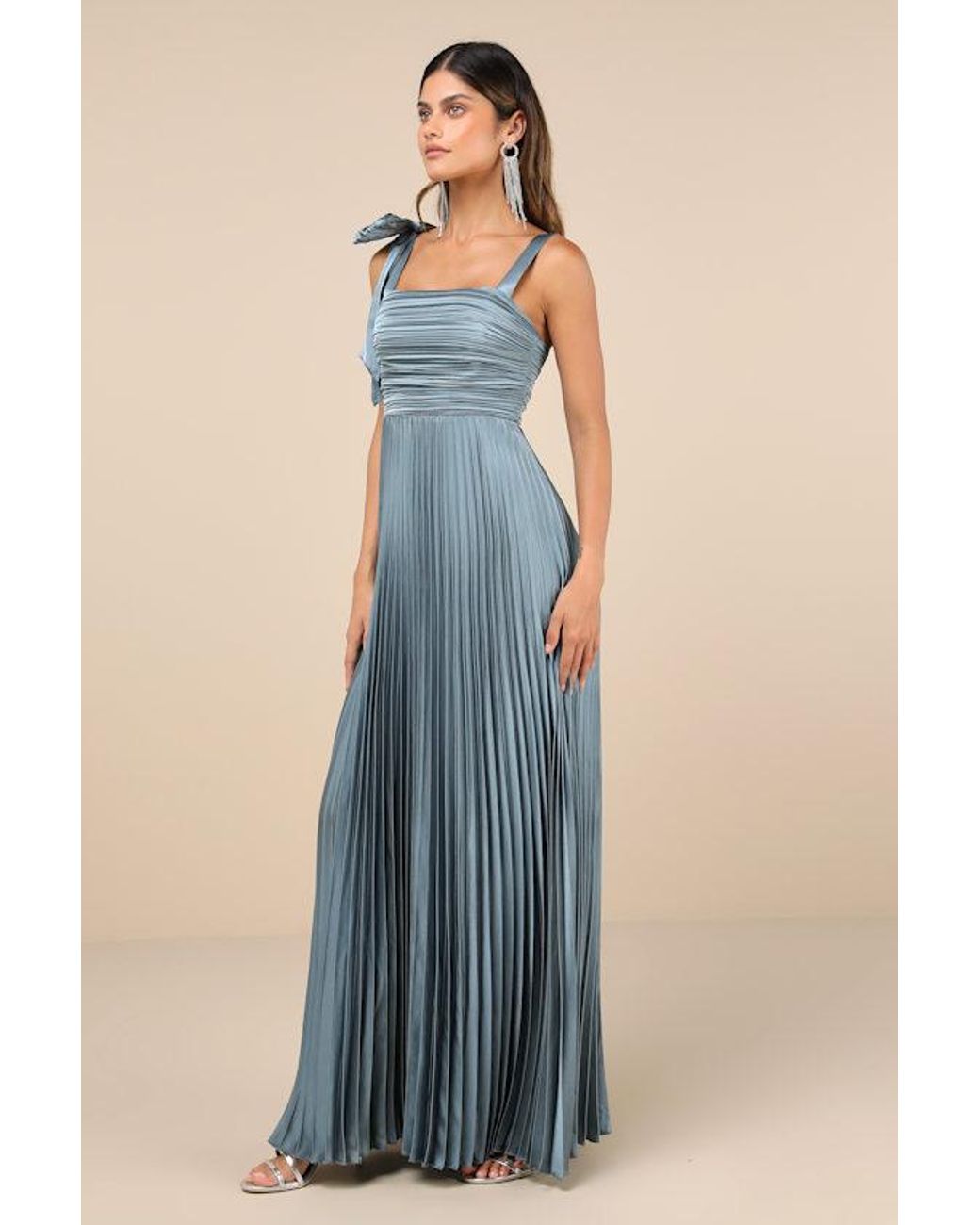 Lulus Blue Gorgeous Purpose Slate Satin Pleated Sleeveless Bow Maxi Dress