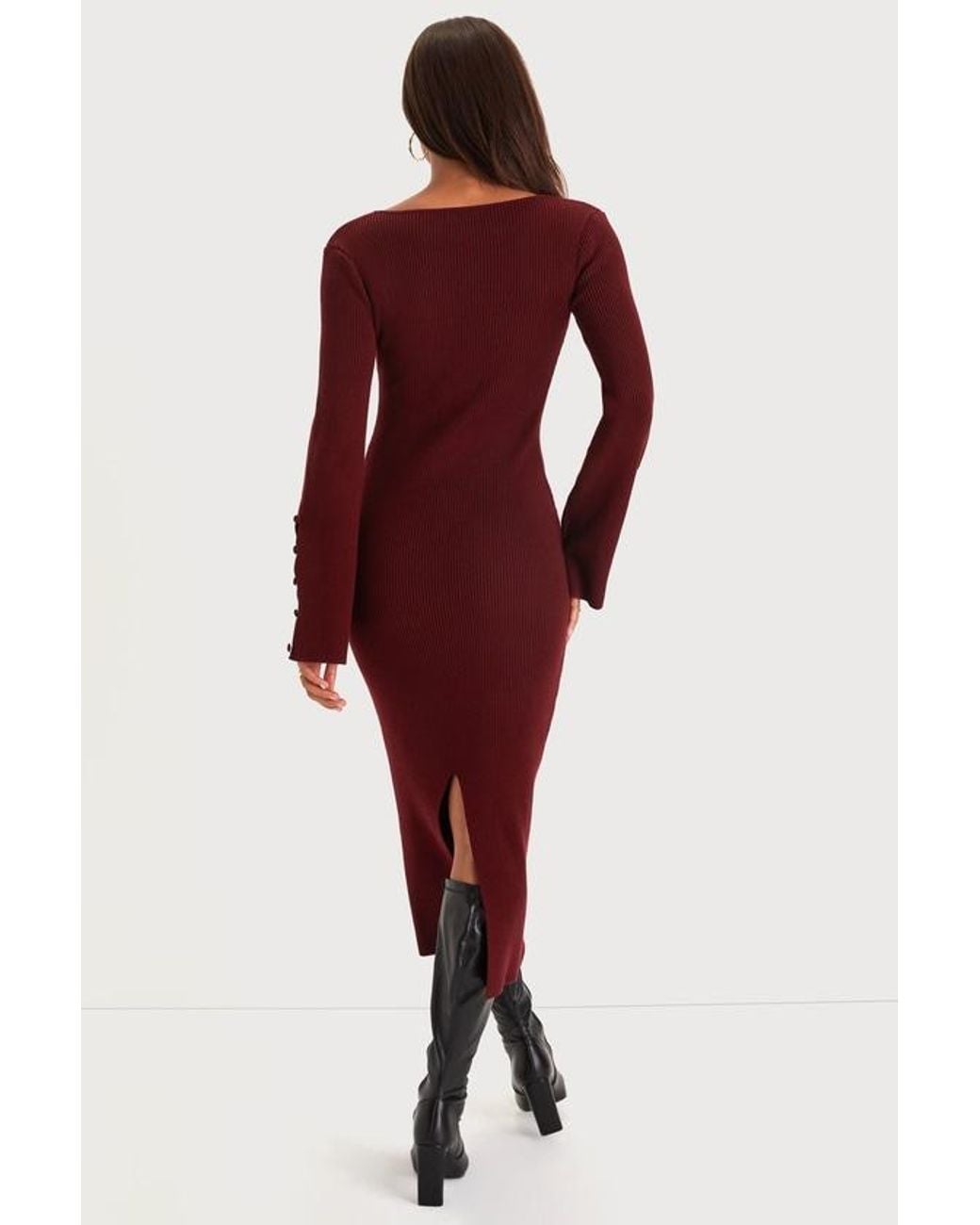 Lulus Red Classy Attitude Ribbed Square Neck Midi Sweater Dress