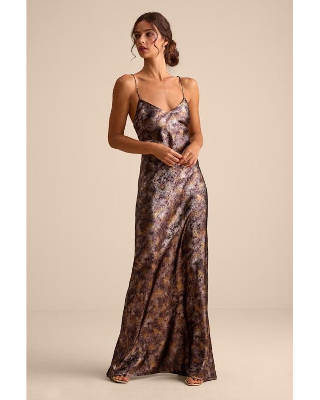 Lulus Sheeva Shiny Multi Abstract Satin Lace-Up Maxi Dress in Natural |  Lyst UK