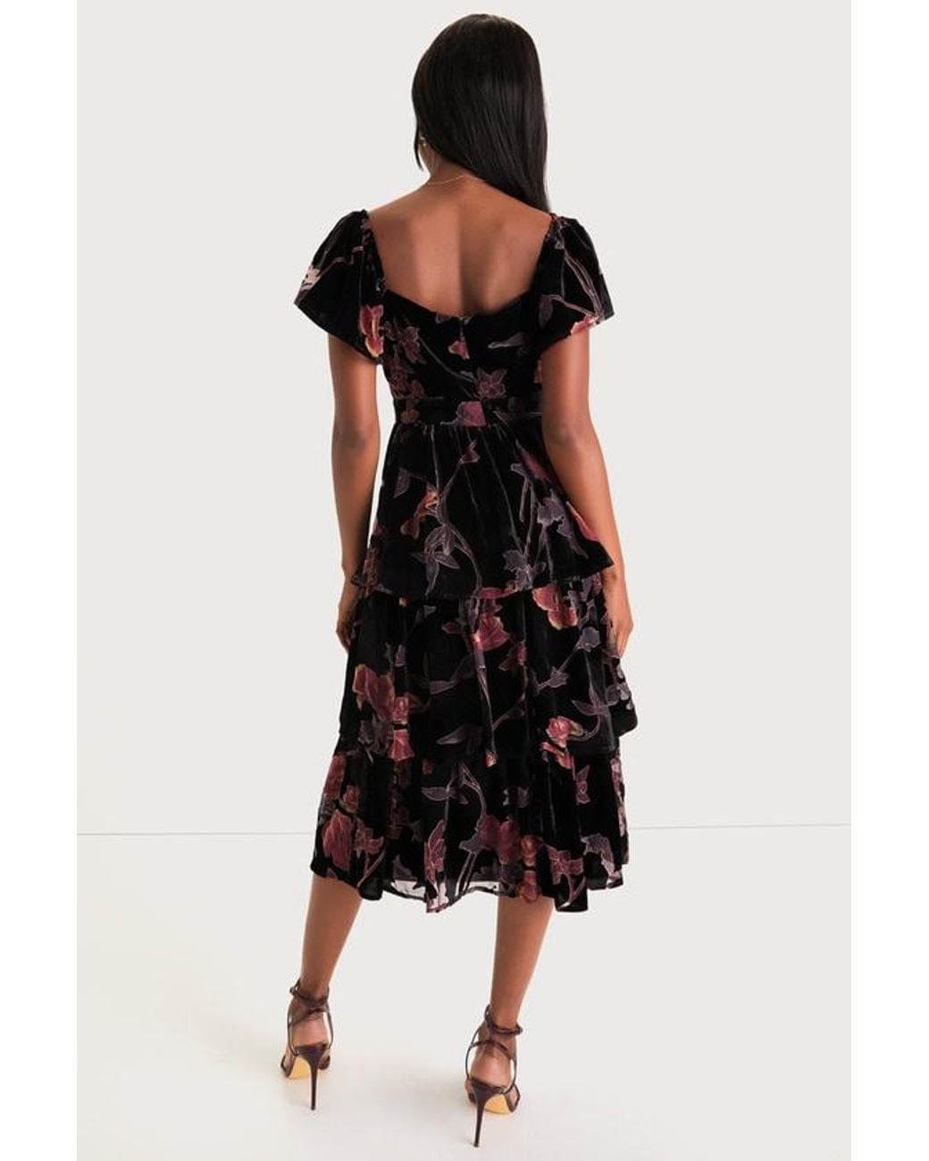Lulus Black Oh-So Lovely Floral Burnout Velvet Tiered Midi Dress