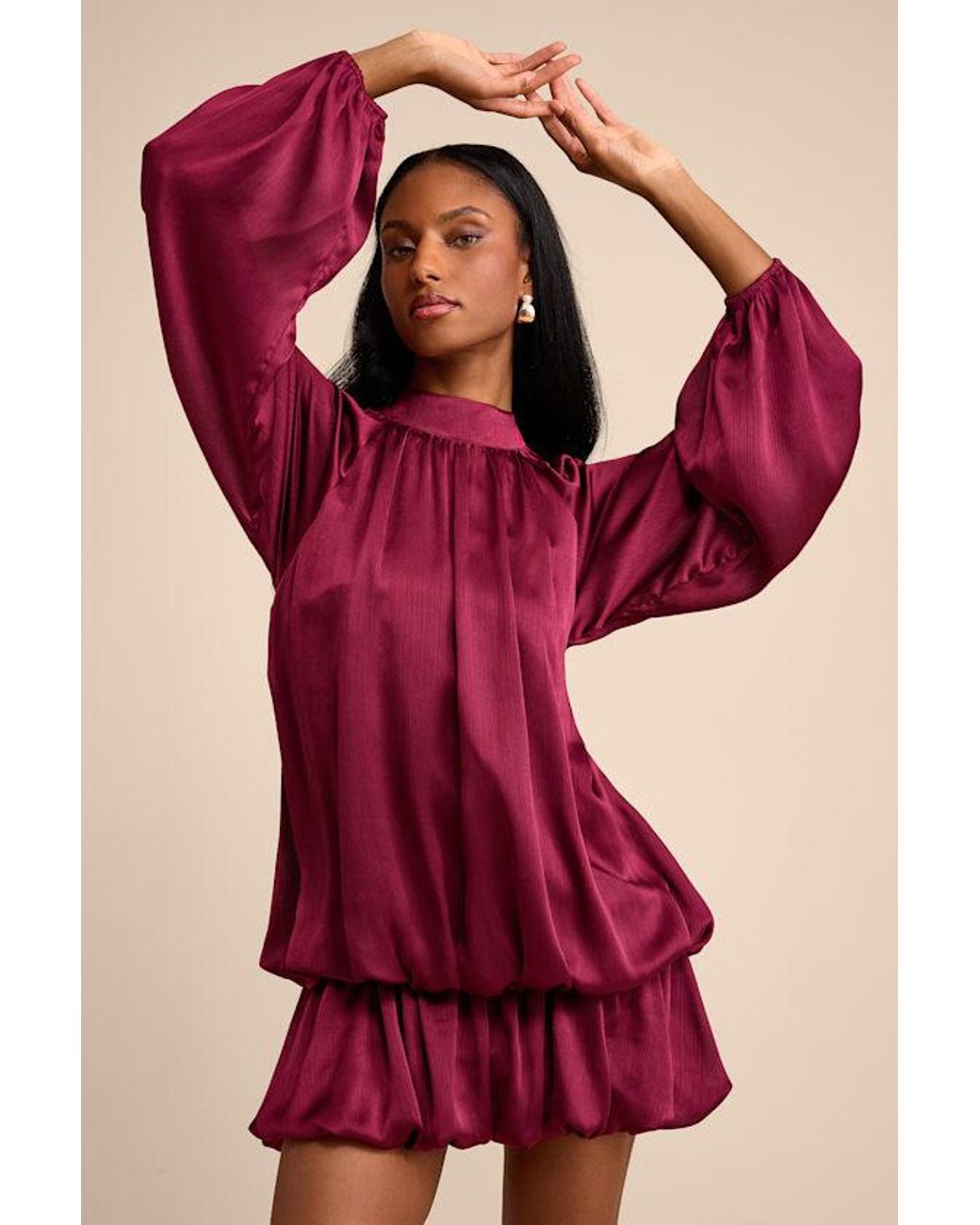 Lulus Nagaina Satin Drop Waist Bubble-Hem Mini Dress in Red | Lyst