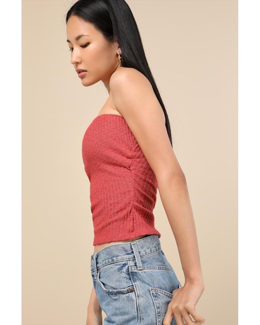 Lulus Red Lautaro Rust Ribbed Strapless Crop Top