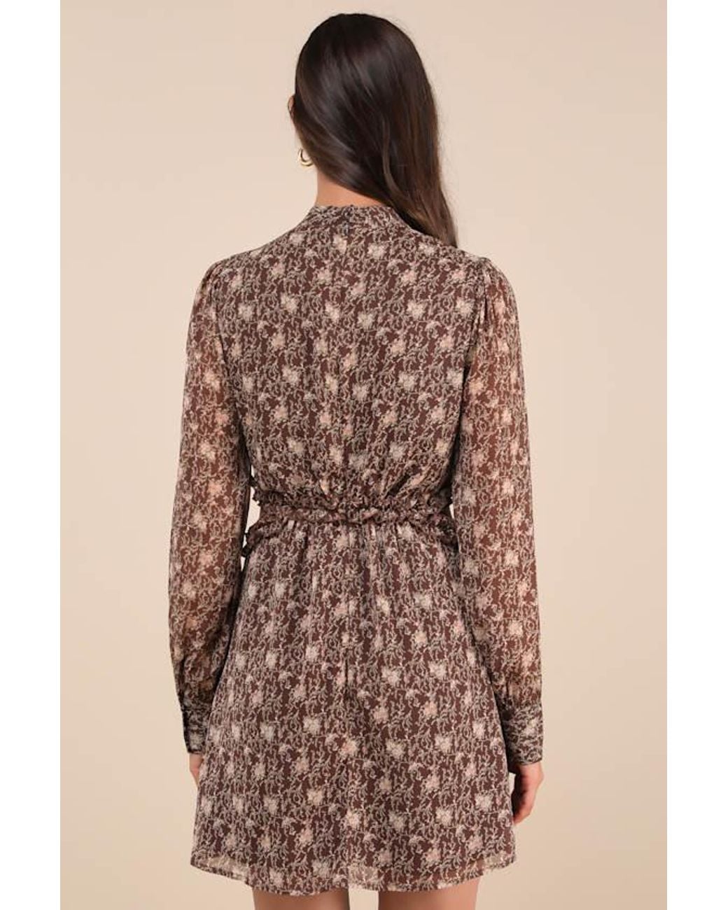 Lulus Brown Autumn Bliss Floral Print Long Sleeve Cutout Mini Dress