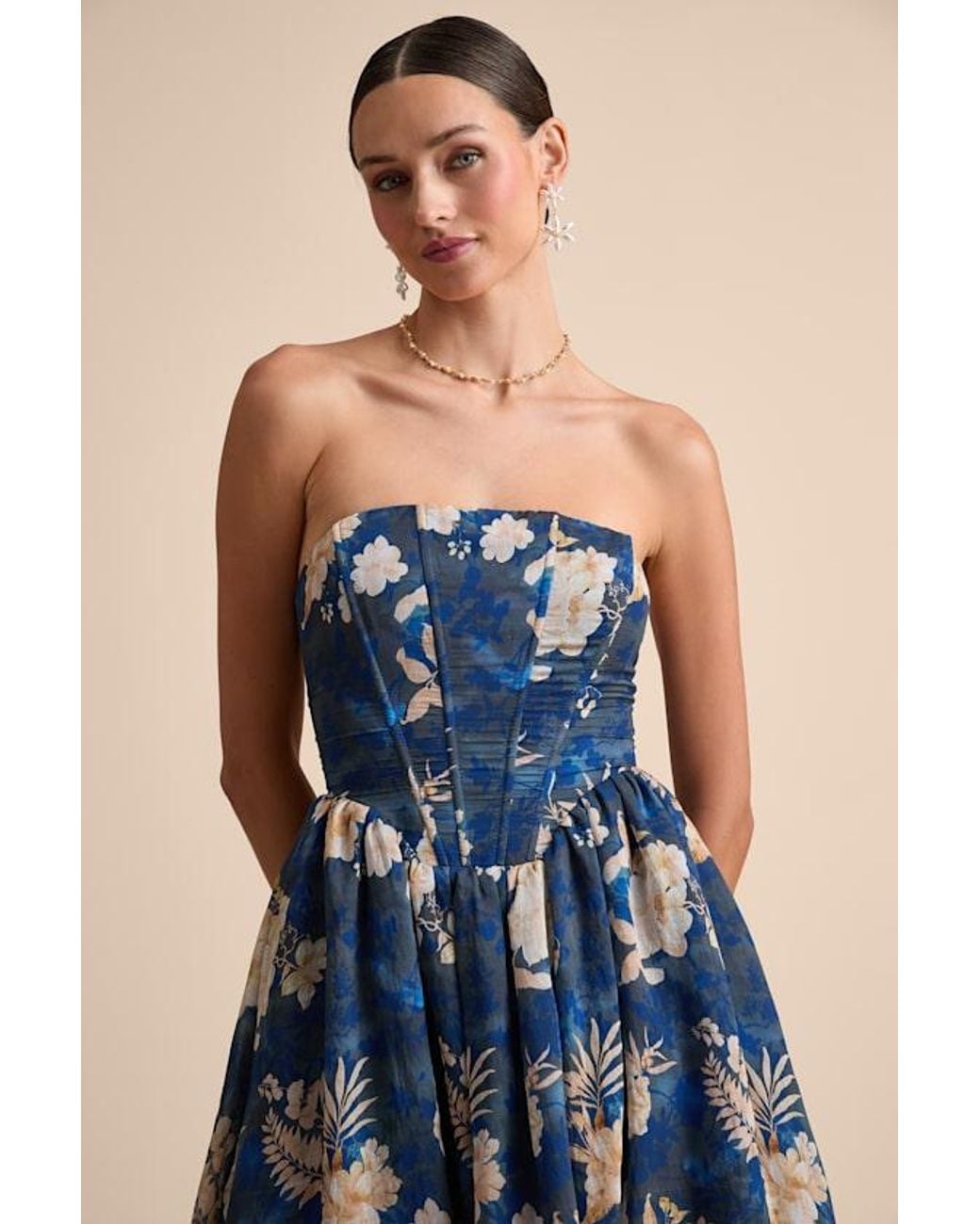 Lulus Blue Eulalia Floral Lace-Up Strapless Bustier Midi Dress