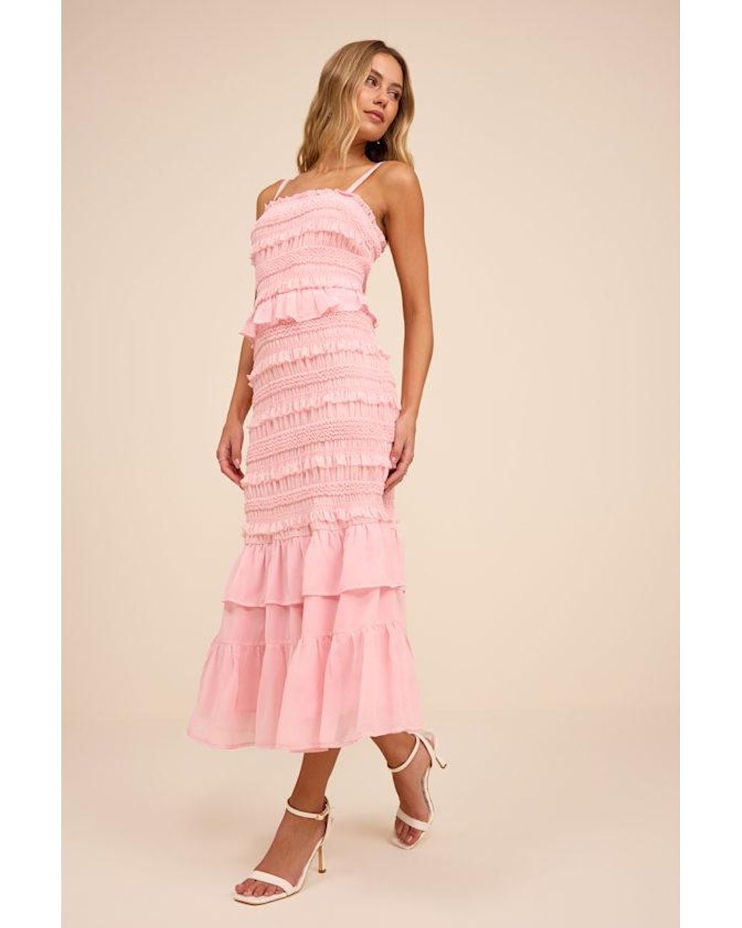 Lulus Pink Harley Smocked Ruffled Midi Dress