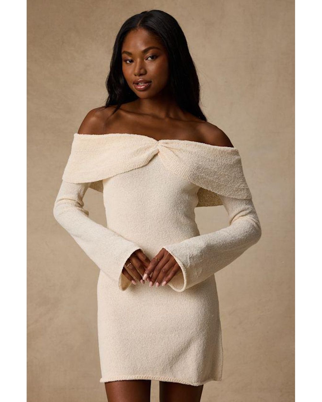 Lulus Natural Pemryn Cream Off-The-Shoulder Mini Sweater Dress