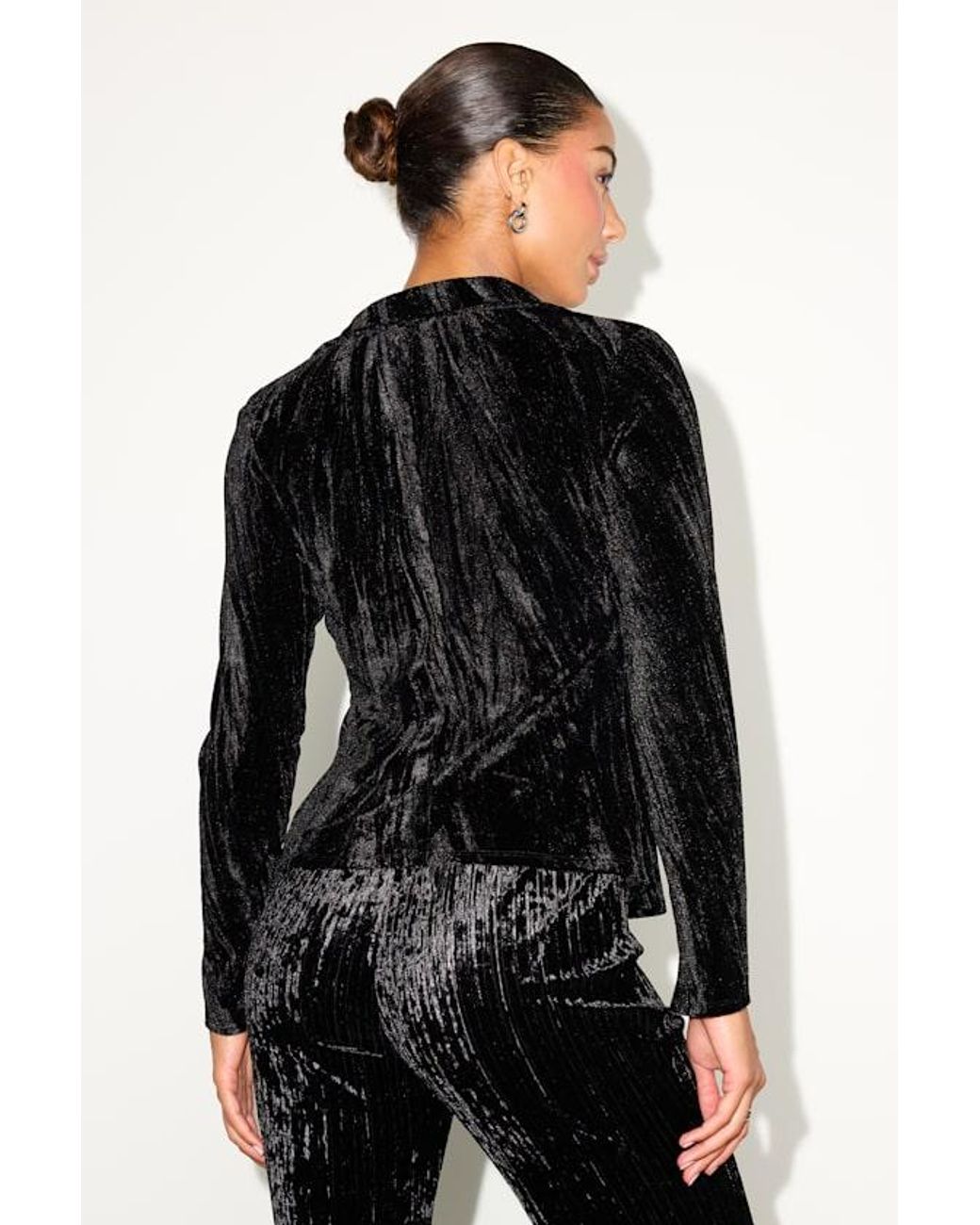 Lulus Black Saelora Crushed Velvet Clasp-Front Long Sleeve Top