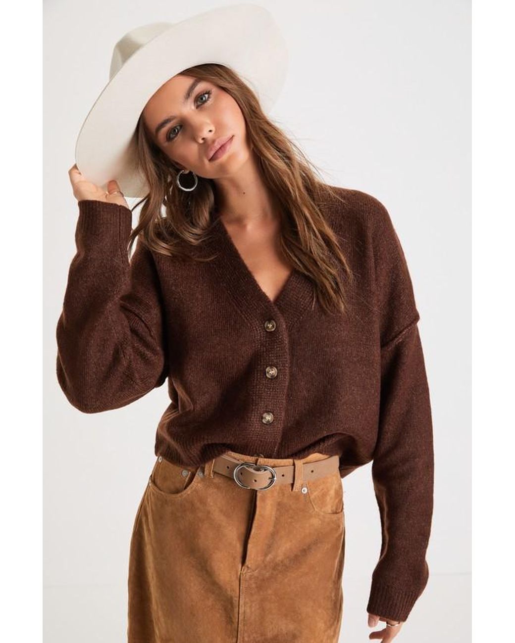 Lulus Brown Cozy Ease Heather Button-Up Cropped Cardigan Sweater